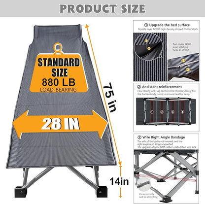 ABORON Camping Cot for Adult 28" Extra Wide, 2PK Heavy-Duty 1200D Oxford Cot - Image 5
