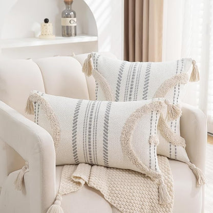 Boho Throw Pillow Covers 18x18 Set of 2 Cotton Woven Tufted Farmhouse Pillows - Image 3