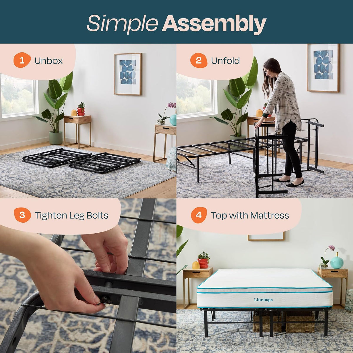 linenspa 14 inch folding metal platform bed frame showing dimensions