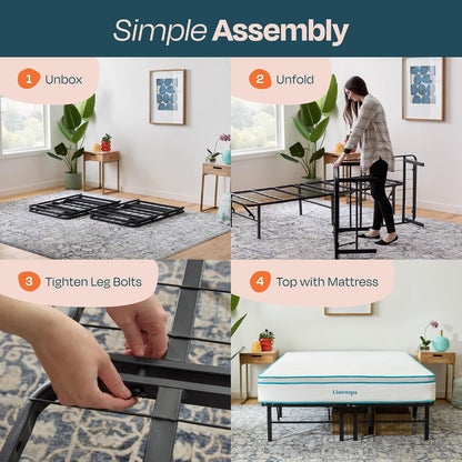 linenspa 14 inch folding metal platform bed frame showing dimensions