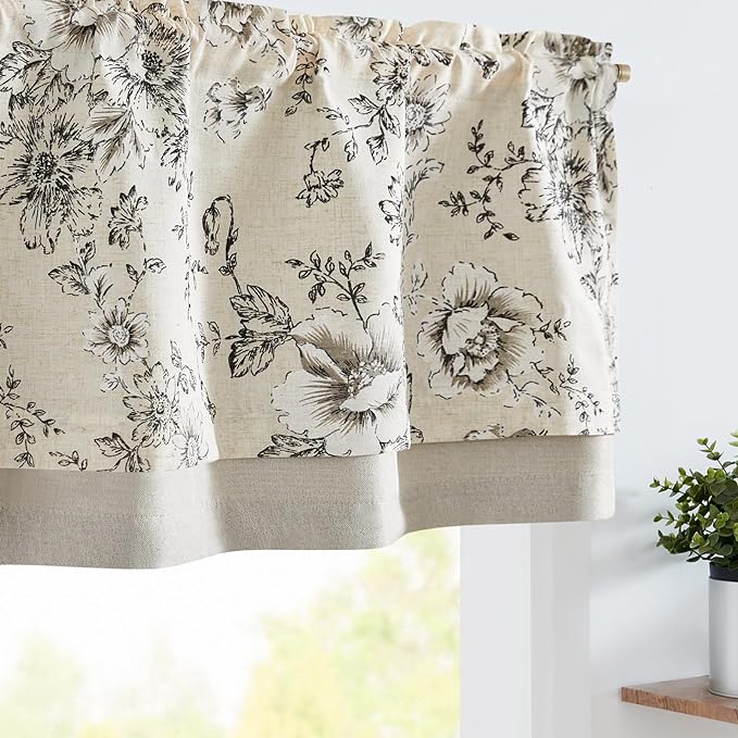 jinchan Linen Valance Curtain Farmhouse Black Floral Small Window Curtain by JINCHAN