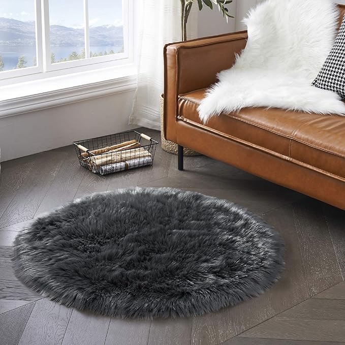 Latepis Dark Grey Round Rugs 4ft Circle Faux Fur Rug Washable Fluffy Furry Boho - Image 7