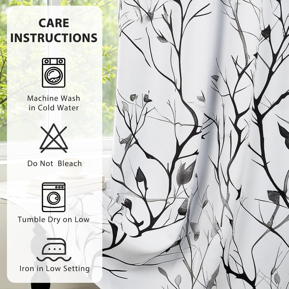 Grey Watercolor Branchs Room Darkening Curtains 63 Inches Length Black White ...