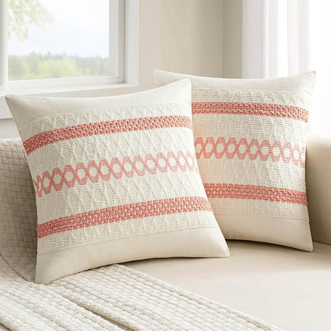 MIULEE Set of 2 Coral Red Boho Decorative Pillow Covers 18x18 Inch Farmhouse by MIULEE