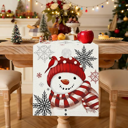OTOSTAR Snowflakes and Red Snowman Christmas Table Runner, Xmas Seasonal Winter - Image 2