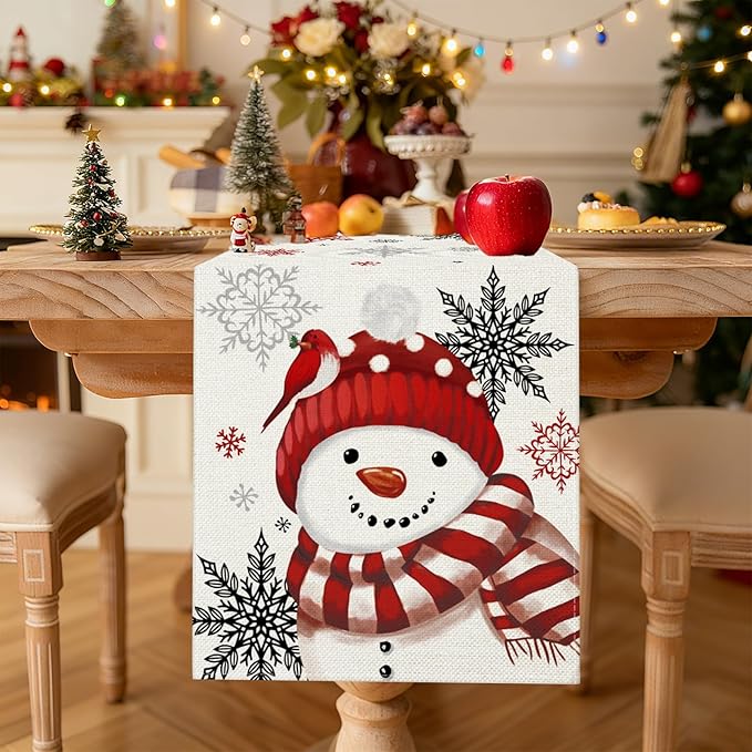 OTOSTAR Snowflakes and Red Snowman Christmas Table Runner, Xmas Seasonal Winter - Image 2