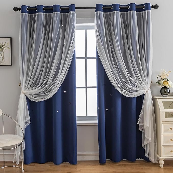 Anytime Romantic Kids Curtain, Hollow-Out Stars Window Curtain Double Layer by Anytime