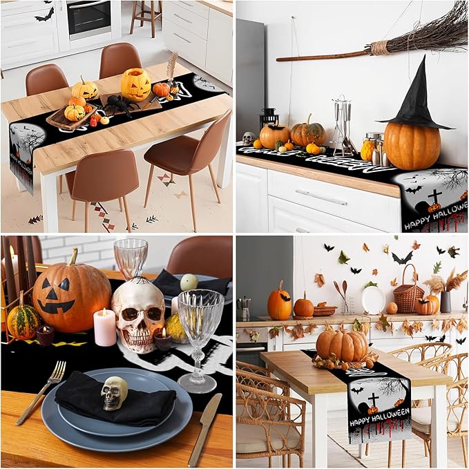 Happy Halloween Table Runner Spooky Bloody Spider Web Bat Pumpkin Kitchen - Image 5
