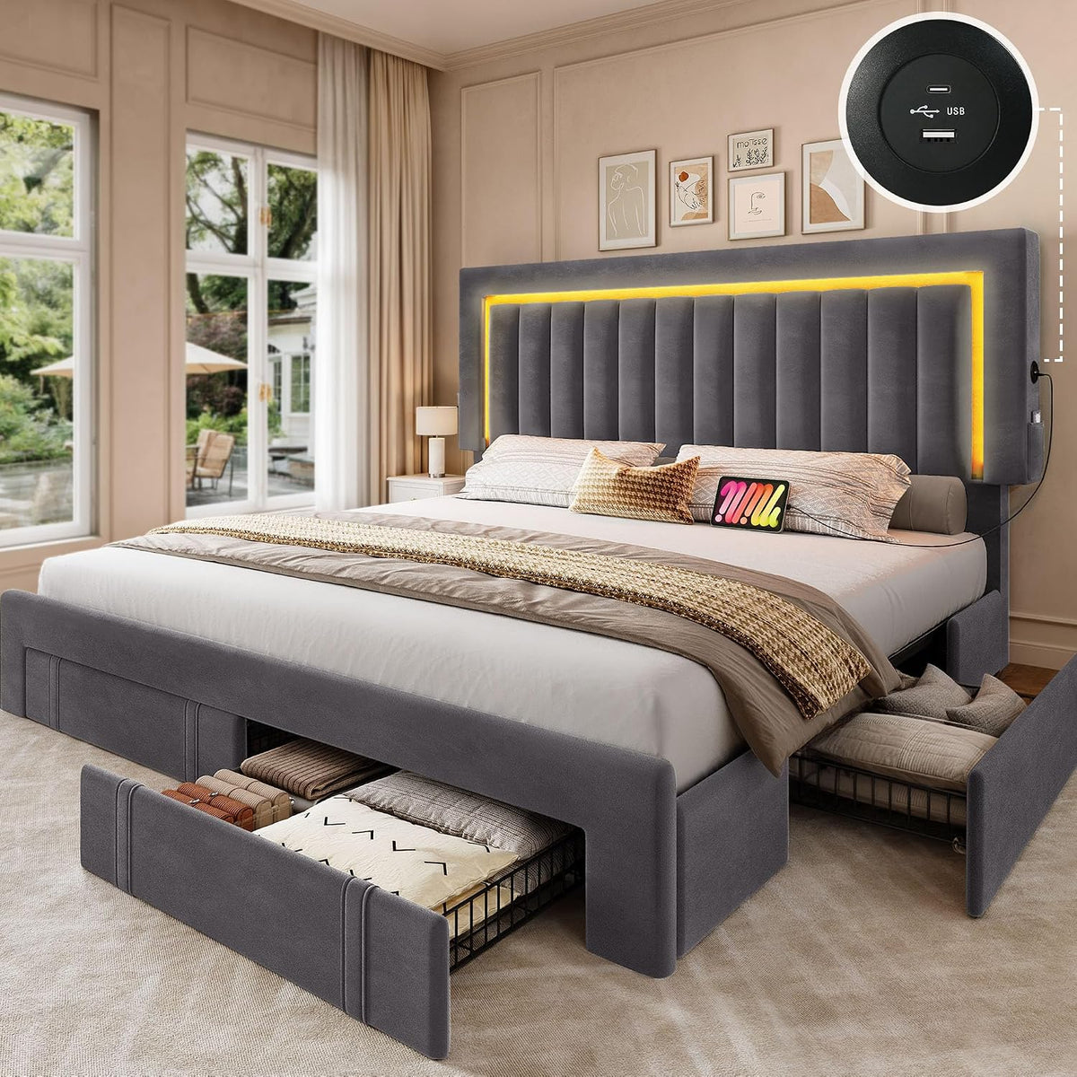 yitahome queen size bed frame with rgb led, main product view