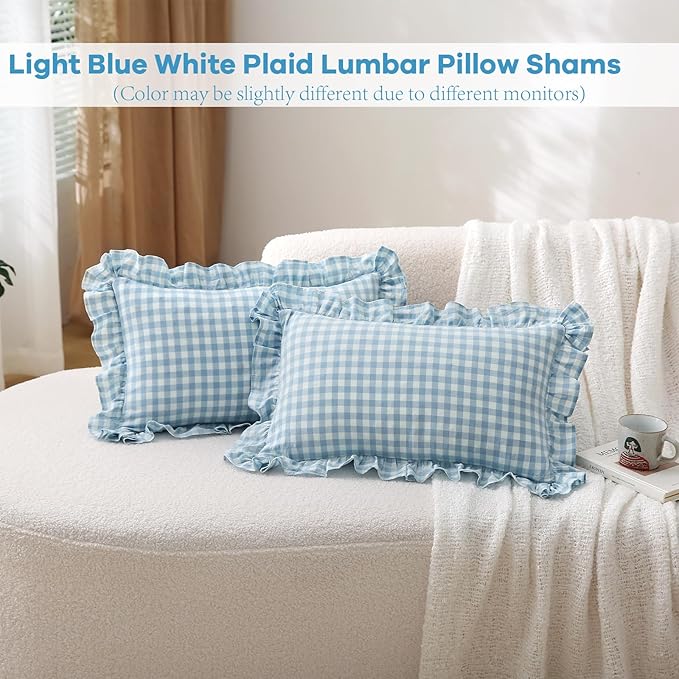 2 Pack Light Blue White Plaid Ruffle Gingham Lumbar Throw Pillow Covers - Image 2