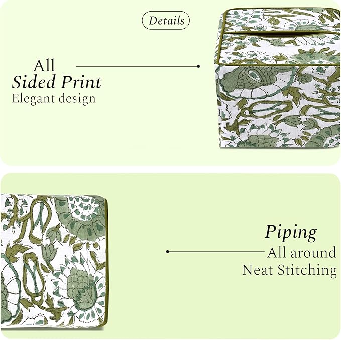 CPC Agate Green Hand Block Printed Cotton Tissue Box Cover 5" x 5" x 5.5" - Image 5