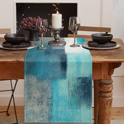 Emvency Farmhouse Table Runner, Modern Teal and Grey Abstract Art Painting by Emvency