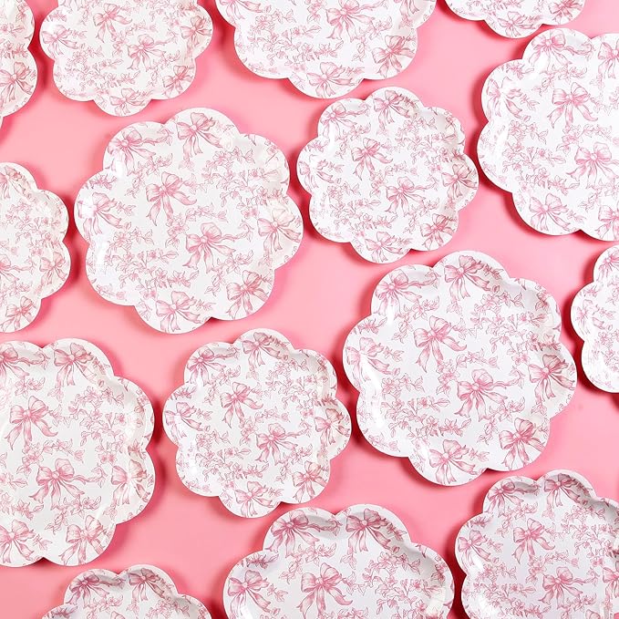 Quera 50 Pcs Pink Bow Paper Plates Coquette Party Supplies Pink Floral - Image 6