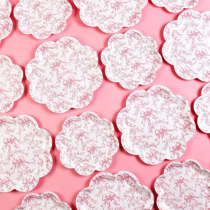Quera 50 Pcs Pink Bow Paper Plates Coquette Party Supplies Pink Floral - Image 6