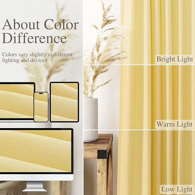 Yellow Semi Sheer Curtains 108 Inches Long 2 Panels Set Back Tab Loop Pocket - Image 4
