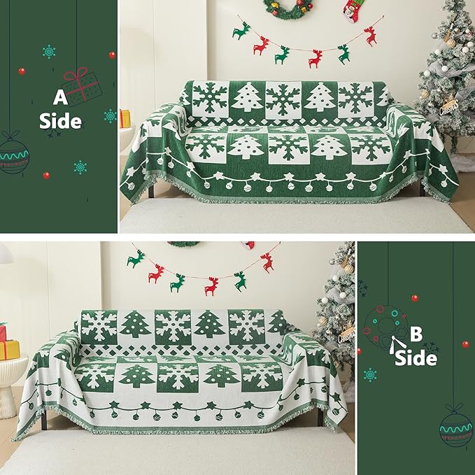 MEETSKY Christmas Couch Cover for Sectional Sofa, Chenille Loveseat Green Sofa - Image 2