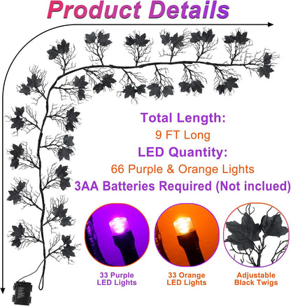9 Ft 66 LED Willow Vine Twig Decor Black Halloween Garland with Orange Purple Lights, Timer 8 Modes Waterproof Battery Operated Indoor Halloween Decorations for Wall Fireplace Mantle Home Office Decor