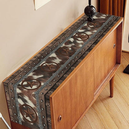 Western Table Runner, Rustic Texas Star Brown Cow Print Skin Cowhide Farmhouse - Image 3
