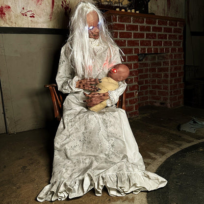 Haunted Hill Farm Life-Size 2.9-Ft Animatronic Gravely Granny by Tekky Halloween Decoration with Motion-Activated Sounds