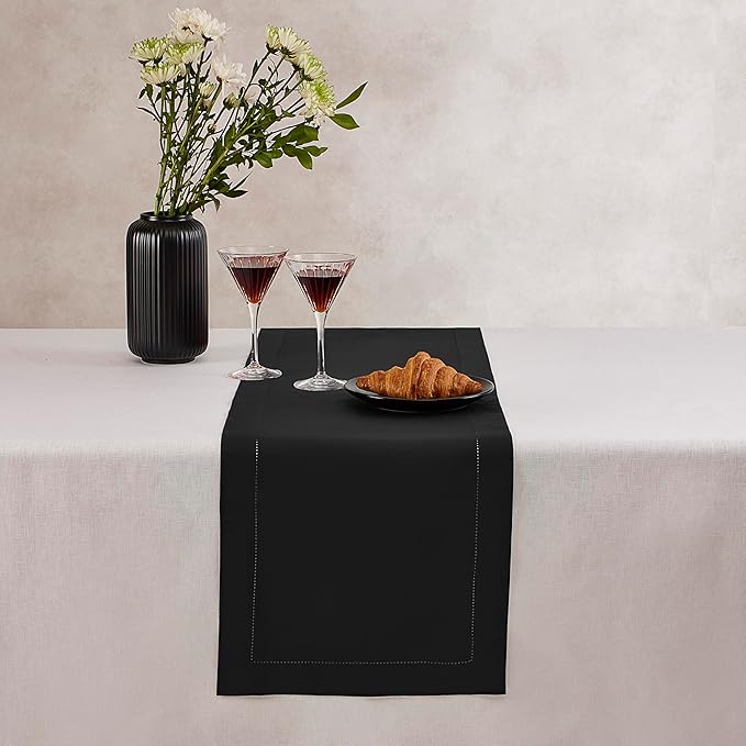 Home Ekaa Black Table Runner 90 Inch–Cotton Linen Hemstitch Washable Table - Image 3