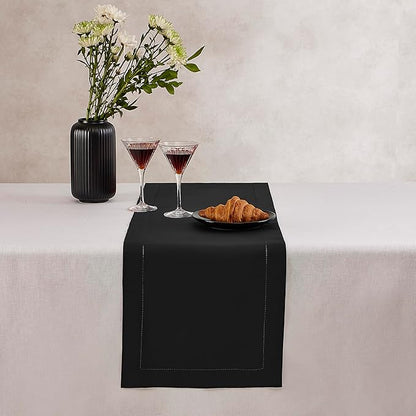 Home Ekaa Black Table Runner 90 Inch–Cotton Linen Hemstitch Washable Table - Image 3