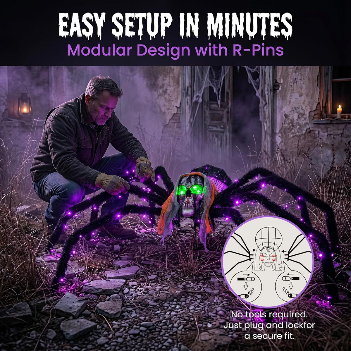 52" Halloween Giant Skull Face Spider, Lighted Outdoor Decoration with Flashing Red & Green Eyes, 70 LED Glowing Spider for Yard, Lawn, Porch, Haunted House Decor (52" Floor-Standing)