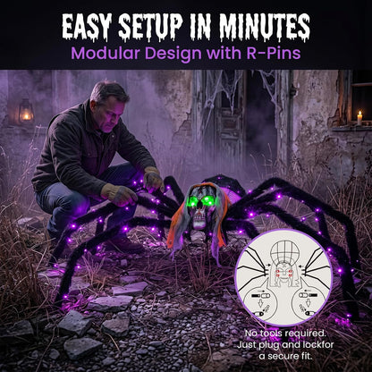 52" Halloween Giant Skull Face Spider, Lighted Outdoor Decoration with Flashing Red & Green Eyes, 70 LED Glowing Spider for Yard, Lawn, Porch, Haunted House Decor (52" Floor-Standing)