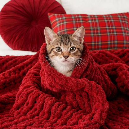 Battilo Chunky Knit Throw Blanket, Soft and Thick Red Chenille Throw Blanket - Image 7