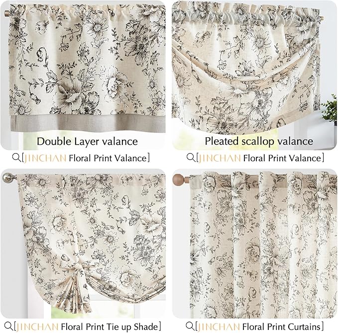 jinchan Linen Valance Curtain Farmhouse Black Floral Small Window Curtain - Image 8