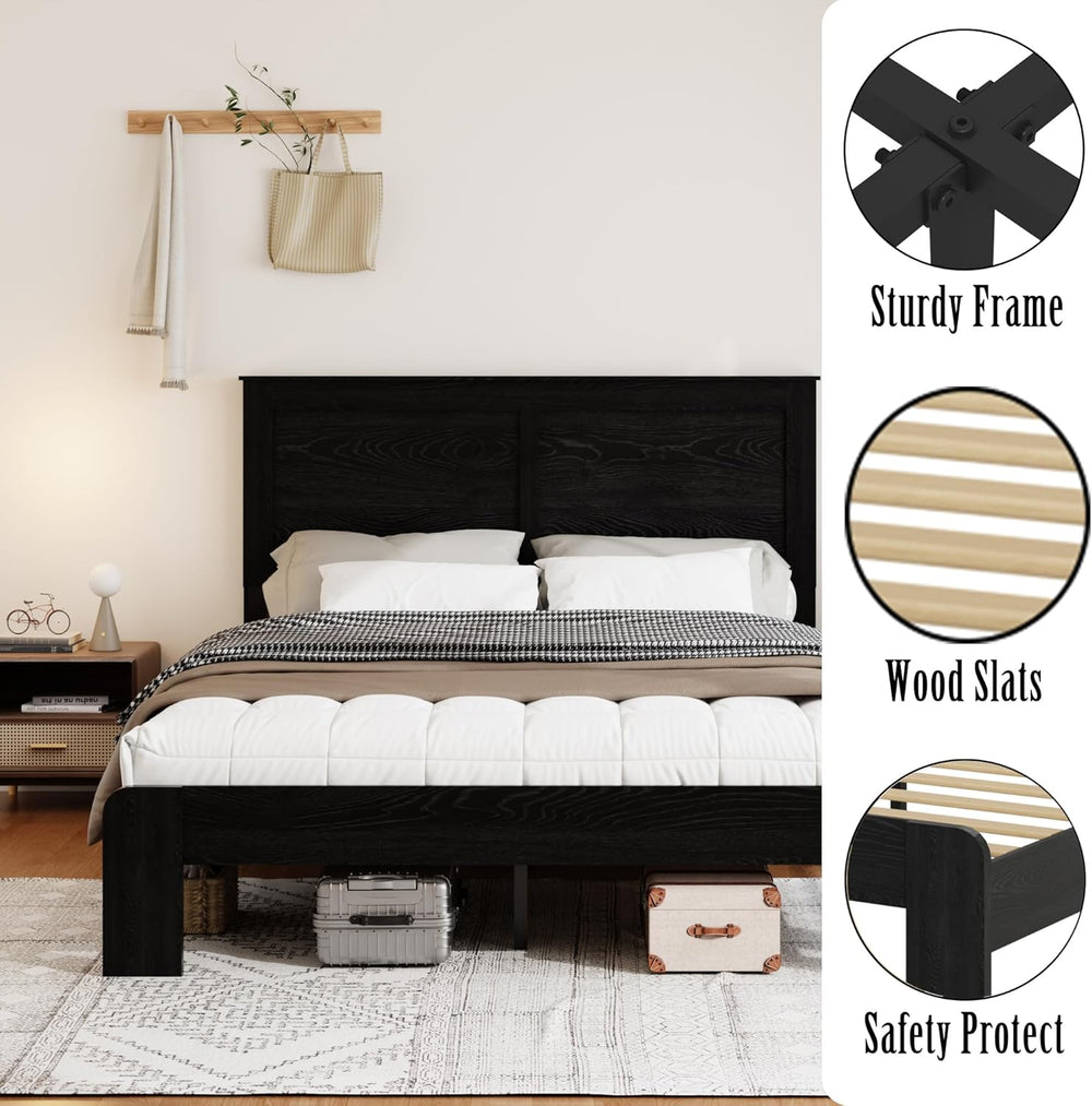Wooden Bed Frame King Size with Headboard, Farmhouse Platform Bed