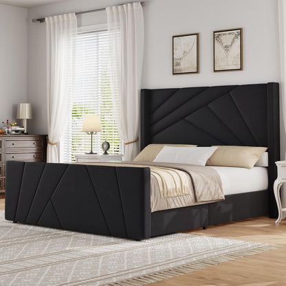 barnfurin queen bed frame with geometric wingback headboard, main product view