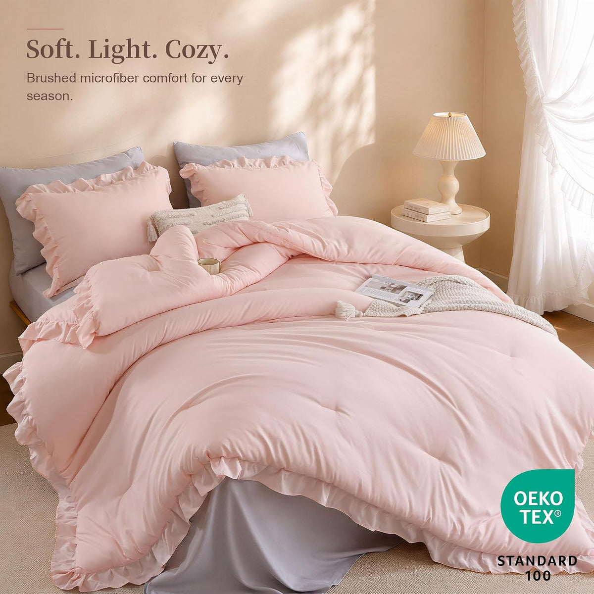 janzaa blush pink comforter set full, ruffle soft shown in use
