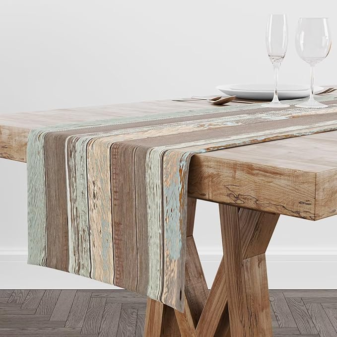 Rustic Wood Table Runner Brown Wooden Blue Wood Plank Board Panel Reducing The - Image 2