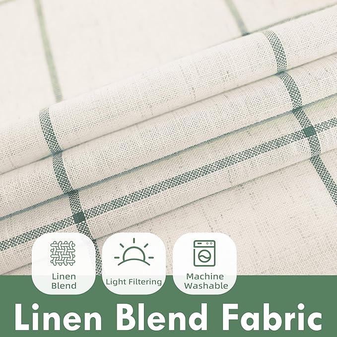 DriftAway Kitchen Curtains Striped Tier Linen Short Curtains Windowpane Plaid - Image 2