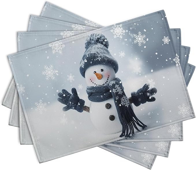 Snowman Placemats Set of 4, 12x18 Inch Winter Cute Blue Snowman Snowflake Table - Image 2