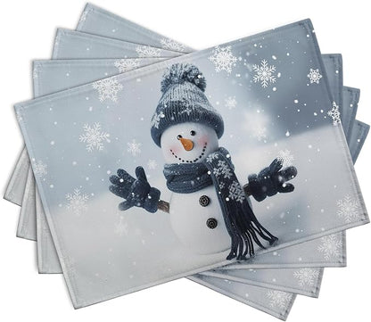 Snowman Placemats Set of 4, 12x18 Inch Winter Cute Blue Snowman Snowflake Table - Image 2