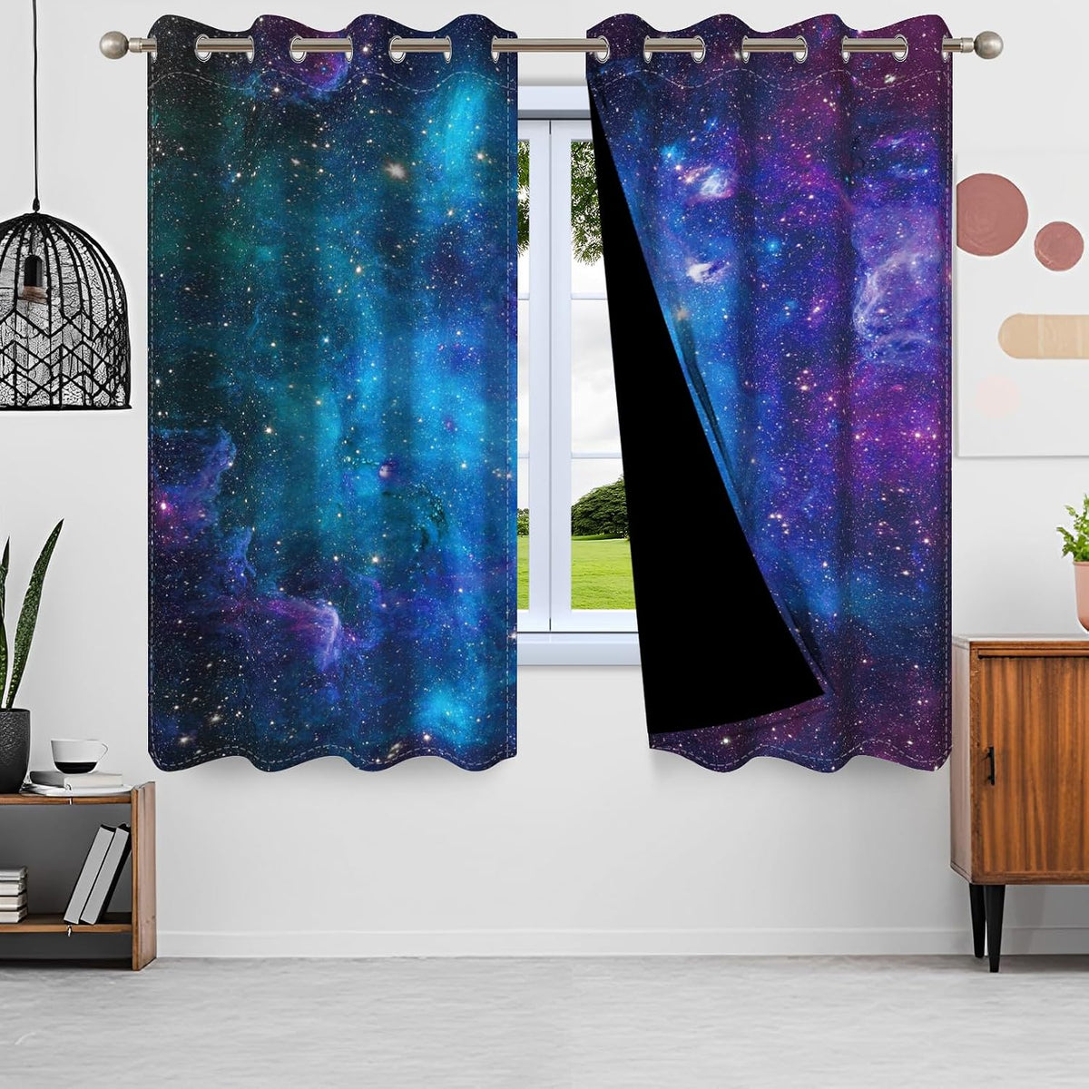 galaxy outer space blackout curtains for bedroom boys, side view