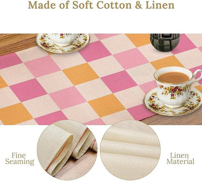Pink Checkered Table Runner, Vintage 70s Abstract Cute Modern Hippie Table - Image 4