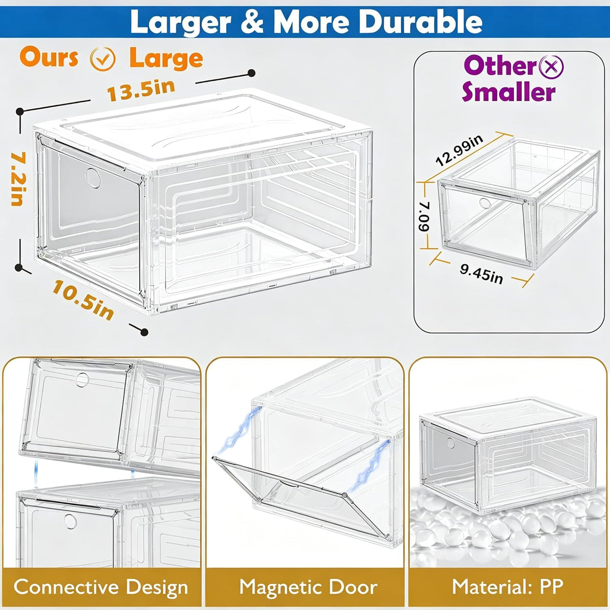 sturdy clear shoe organizer with magnetic door, stackable on a desk or shelf
