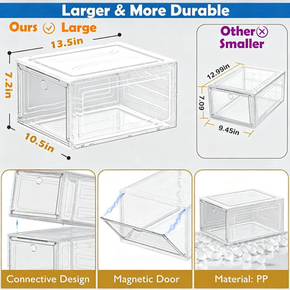 sturdy clear shoe organizer with magnetic door, stackable on a desk or shelf