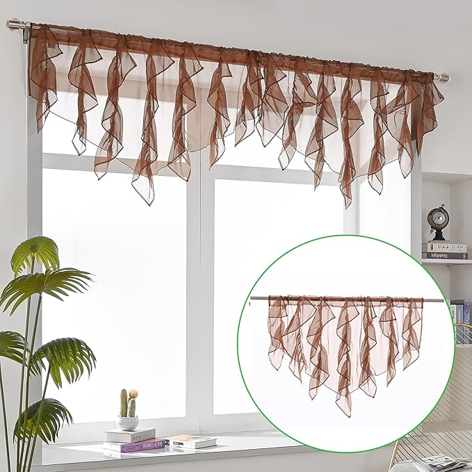 PearAge Ruffled Voile Semi Sheer Curtain Valance, Kitchen Living Room Shabby - Image 5
