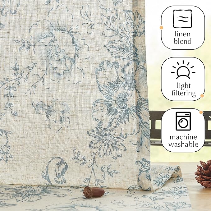 jinchan Floral Linen Tier Curtains 45 Inch Farmhouse Botanic Cafe Drapes - Image 2