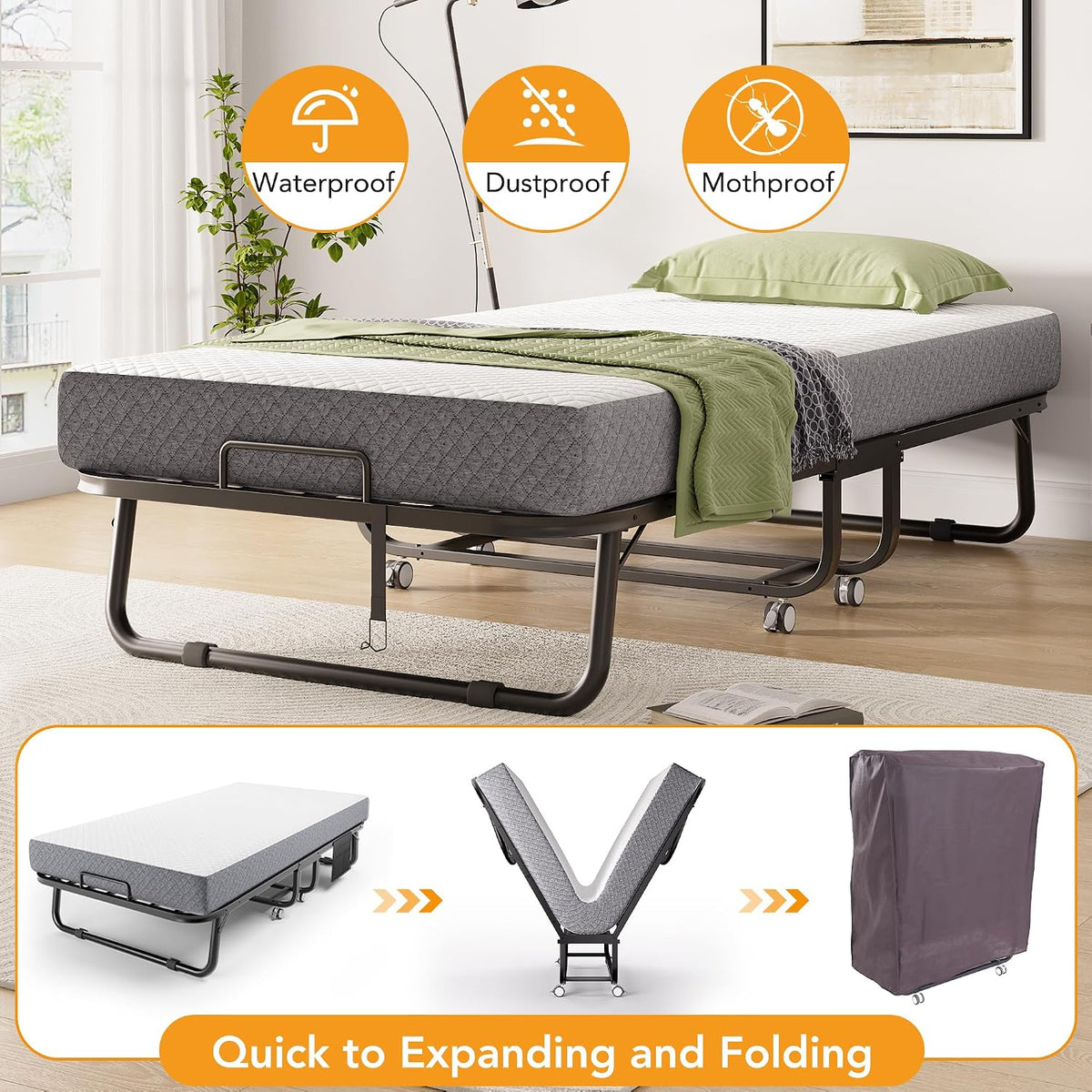 decofy folding bed, portable foldable bed with movable, side view