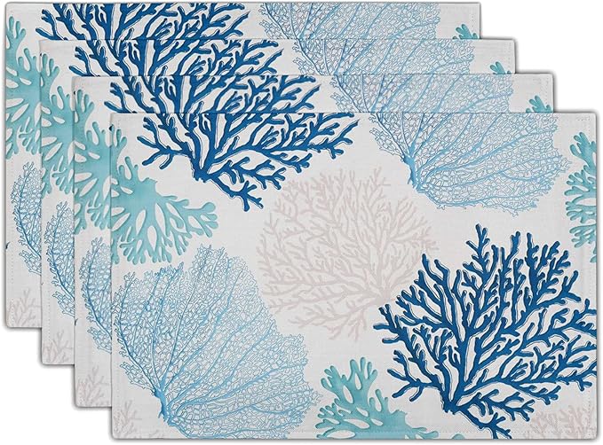 Giwawa Ocean Coral Placemats Set of 4 Summer Blue White Coral Reef Linen Table by Giwawa