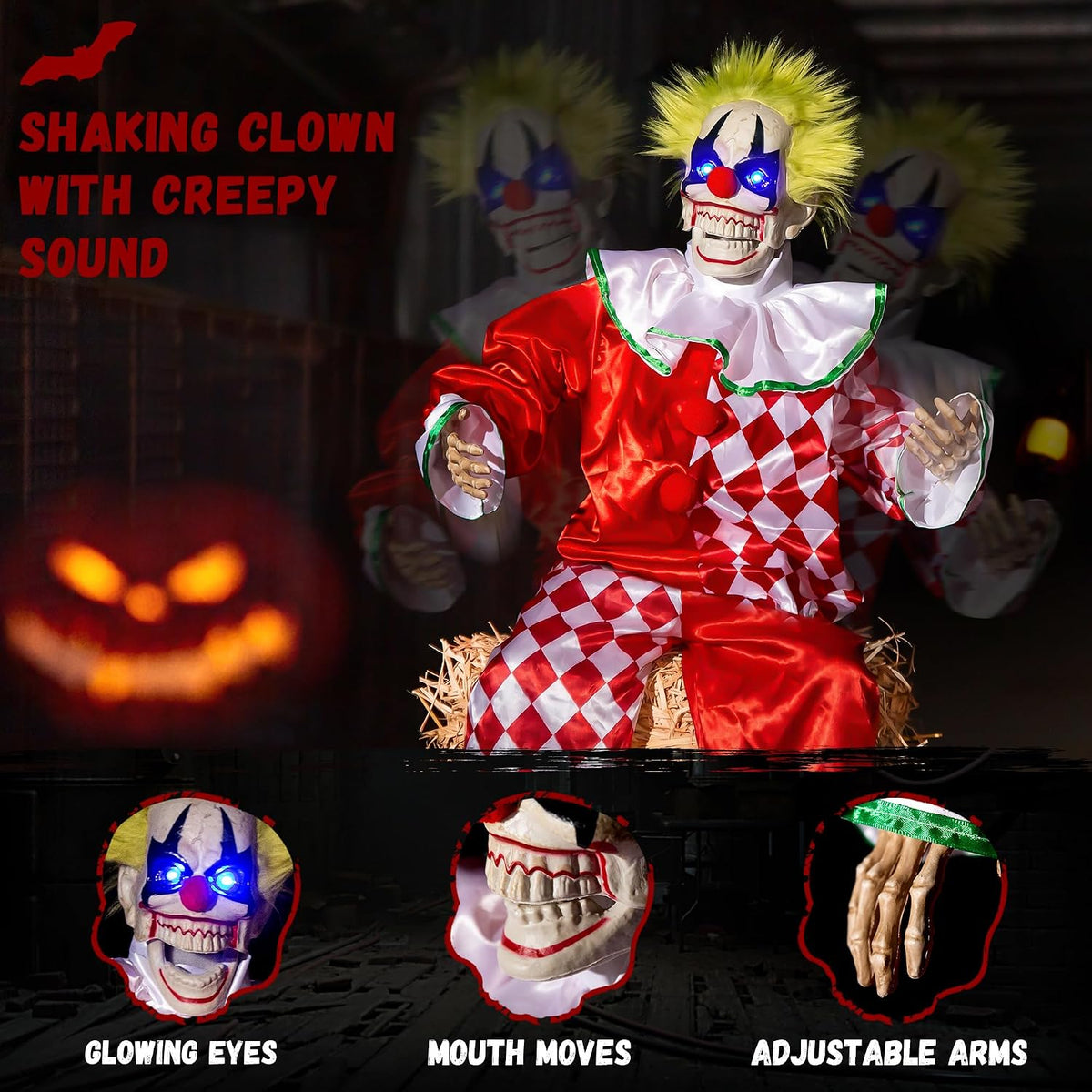 Halloween Animatronic Sitting Clown Decoration–Sound Activated Creepy Clown Prop with Shaking Body, Glowing Eyes & Scary Voice–Indoor/Outdoor Halloween Decor for Yard, Haunted House, Party (48")