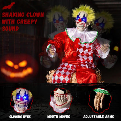 Halloween Animatronic Sitting Clown Decoration–Sound Activated Creepy Clown Prop with Shaking Body, Glowing Eyes & Scary Voice–Indoor/Outdoor Halloween Decor for Yard, Haunted House, Party (48")