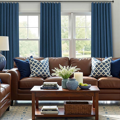 Navy Blue Linen Textured Curtains 90 Inches Long 2 Panels Set Modern Neutral - Image 2