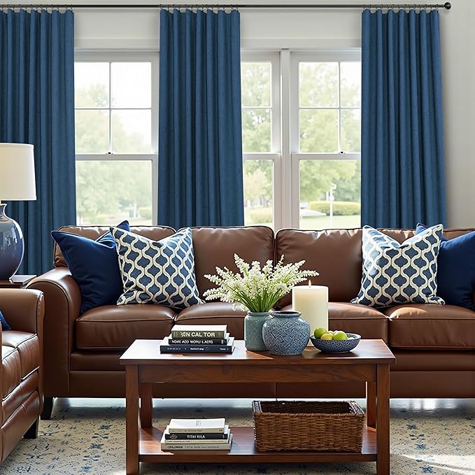Navy Blue Black Out Curtains 63 Inch Long 2 Panel Burg Linen Textured Thermal - Image 2