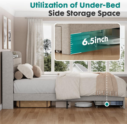 dumos king bed frame, upholstered platform bed frame on a desk or shelf