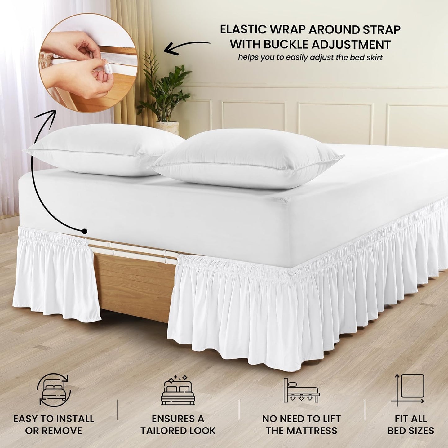 Wrap Around Ruffle Queen Size Bed Skirt – Adjustable Buckle & Elastic Belt for Easy Installation, 16 Inch Drop – Brushed Microfiber - Machine Washable, Fade and Wrinkle Resistant, White